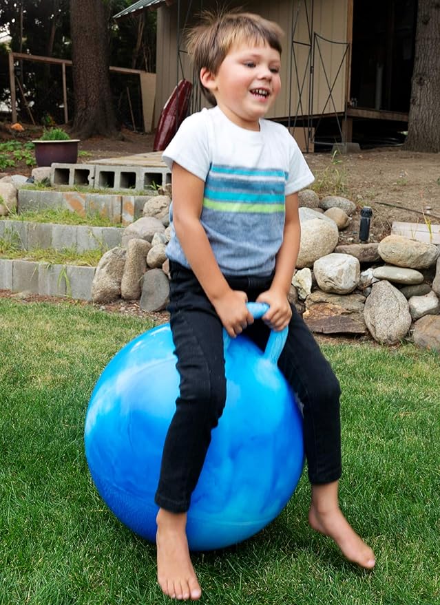 AppleRound Hippity Hoppity Hopball with Pump, Sit-On Bouncy Exercise Ball with Handle, 18 inch / 45 cm for Kids Ages 3-7, Cloud Colors (Blue)