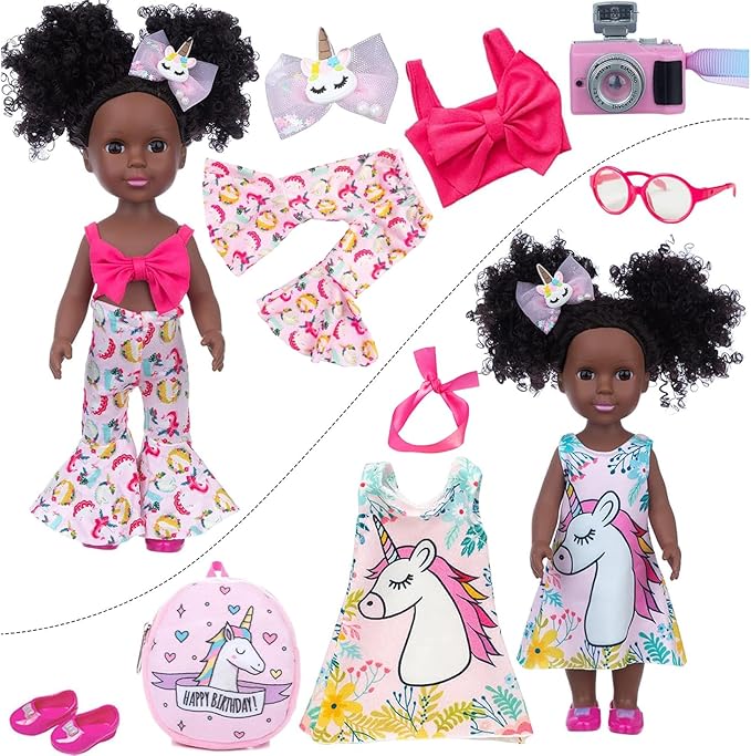 ZQDOLL Black Doll and Black Baby Doll Clothes 14.5 inch African American Silicone Girl Doll with 2 Sets Clothes and Travel Equipment Camera Backpack Glasses etc - Best Gift for Kids Girls