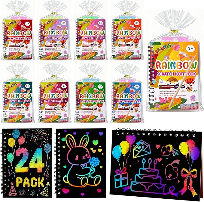 HONLYNE Scratch Art Crafts Party Favors, 24 Pack Rainbow Notebooks, Coloring Books Supplies Toys, Easter Basket Stuffers, Birthday Party Favors for Kids, Bulk Classroom Prizes for Toddlers