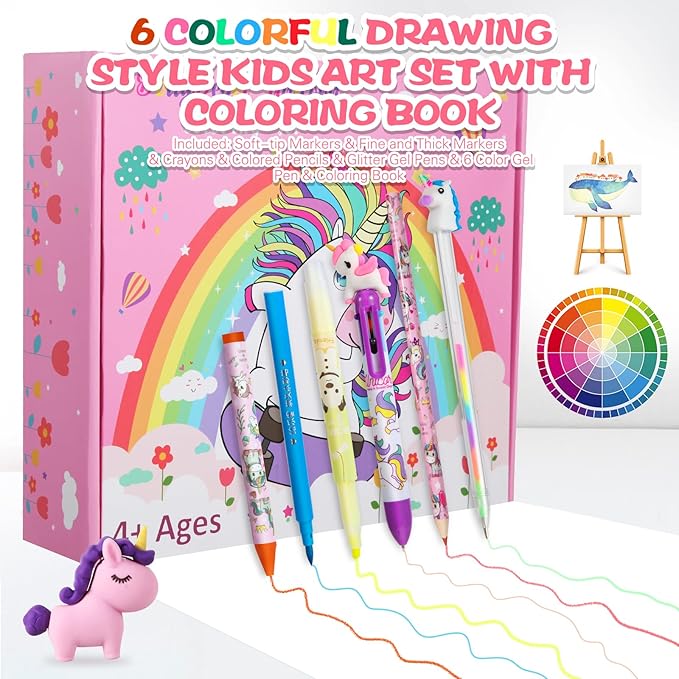 CozyJoyz Unicorn Washable Marker Set, 59 Pcs Arts and Crafts Coloring Set for Kids, Drawing Art Supplies Birthday Gifts for Girls Toys 4-9 Year Old (Pink)