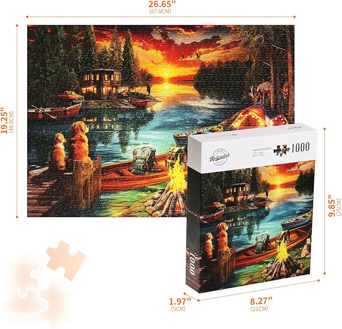 Jigsaw Puzzles for Adults 1000 Pieces, Fishing Village Landscape Difficult Challenging Unique Puzzle for Game Night Family Home Decor, 20x27 Inches, Dusk Lake