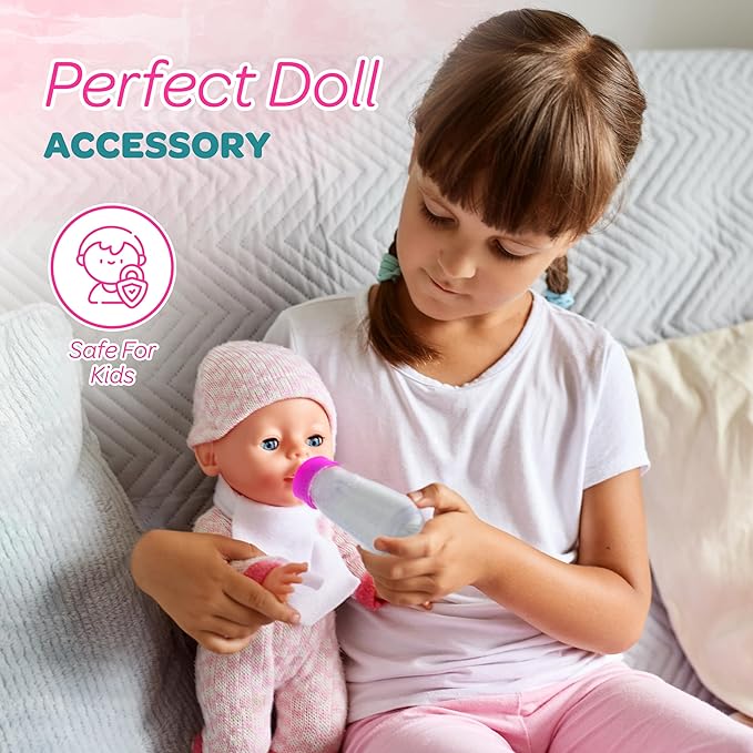 4E's Novelty 2 Pack Baby Doll Bottles Accessories, Magic Doll Disappearing Milk and Juice - Baby Doll Accessories Toys for Kids Toddlers, Stocking Stuffers for Little Girls Ages 3 4 5 6 7