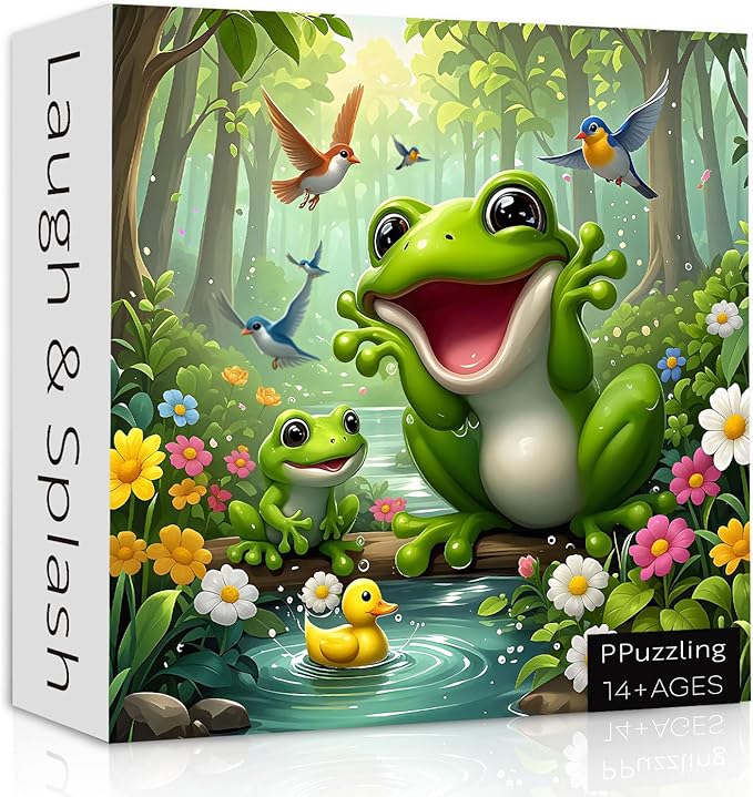 Cute Forest Frog Puzzles for Adults 1000 Pieces, Nature Animal Scene Jigsaw Puzzle with Birds, Flowers, Ducks, Challenging Colorful Theme Puzzle as Home Wall Art Decor