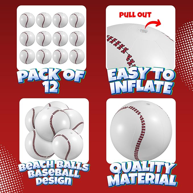 Bedwina Inflatable Baseball (Pack of 12) 16-inch, Baseball Beach Balls for Themed Party Decorations & Birthday Decor - Pool Ball Toys Party Favors & Goodie Bags Favors for Kids, Boys and Girls
