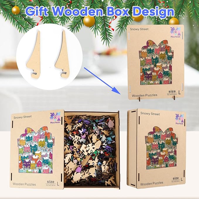 Mocfesk 495 Pieces Snowy Building Wooden Puzzles for Adults and Kids, Christmas Winter Town Puzzles for Family, Unique Shaped Wooden Puzzles Gift Box, Holiday Activity Family Fun 13.7'' x 17.8''