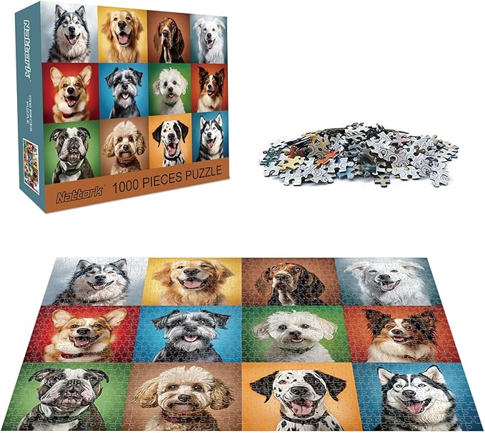 Nattork Jigsaw Puzzle 1000 Pieces for Adults, Colorful Dogs,Challenging Adult Puzzles for Christmas Decor & Gift