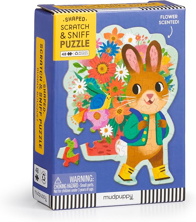 Mudpuppy Bunny Bouquet 48 Piece Scratch & Sniff Shaped Mini Puzzle with Colorful and Fun Illustrations of A Hoppy Easter Bunny and Scented Puzzle Pieces