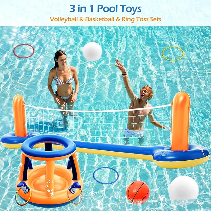 Jasonwell Pool Toys Games Set - 3 in 1 Pool Volleyball Net Basketball Hoop Ring Toss Game Inflatable Floats Water Floating Volleyball Swimming Pools Games Party Gift for Kids Adults (Orange&Blue, L)