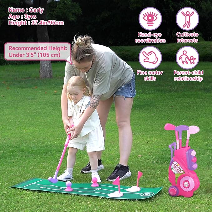 Liberry Toddler Golf Set for 2 3 4 Years Old Girls Boys, Upgraded Kids Golf Cart with Golf Cornhole Board & Putting Mat, Indoor and Outdoor Golf Toys Birthday Gift, Pink