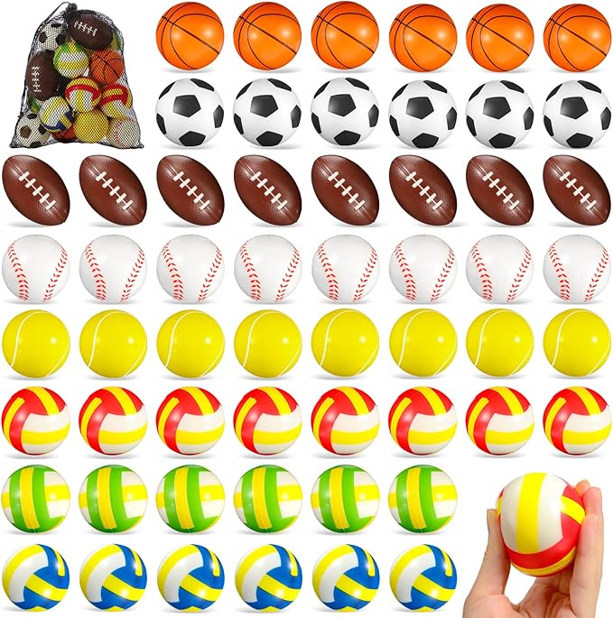 HyDren 96 Pcs Sports Stress Balls Mini Foam Sport Ball Squeeze Toy Include Storage Bag Basketball Football Baseball Soccer Tennis Volleyball for Stress Relief, Relaxation Party Favor for Boys Girls