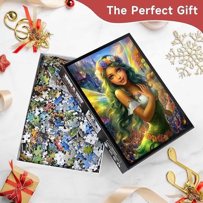 Enchanted Forest Fairy Queen 1000 Piece Jigsaw Puzzle for Adults - Fantasy Castle Festival Scene with Iridescent Wings, Poster & Lettered Back, 20"x28" HD Quality, Gift for Fantasy Lovers