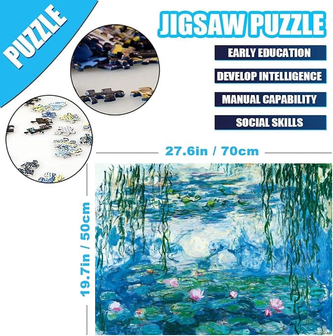 Jigsaw Puzzles for Adults 1000 Piece Waterlilies by Claude Monet 27.56 x 19.69 Inch Puzzles for Adult Educational Game Reduce Pressure Challenge Toy Monet Puzzles 1000 Pieces for Adult