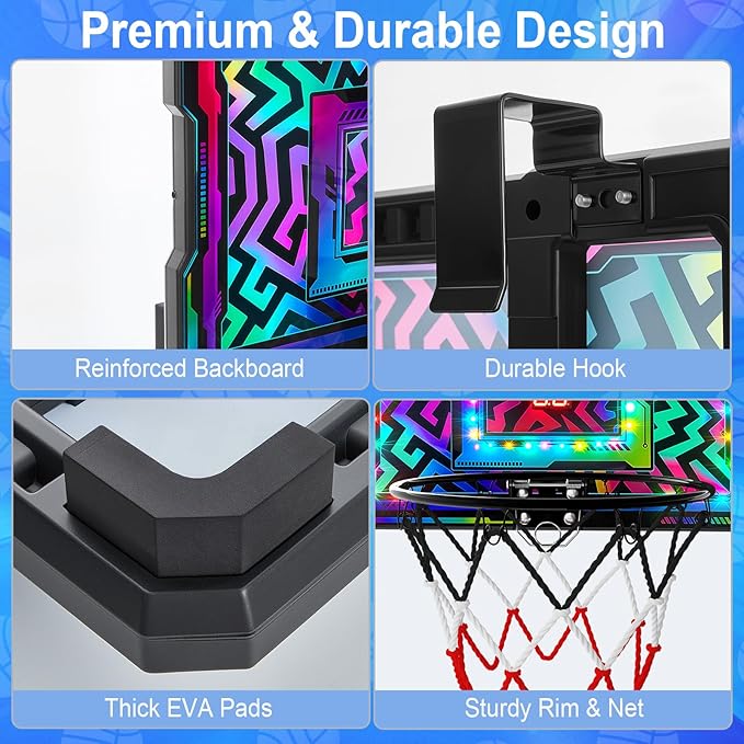 Indoor Mini Basketball Hoop, Over The Door Basketball Hoop with LED Lights/Scoreboard/4 Balls, Upgraded Reinforced Backboard Frame, Basket Ball Toys Gift for Kids Ages 3-5-12+ Boys Girls