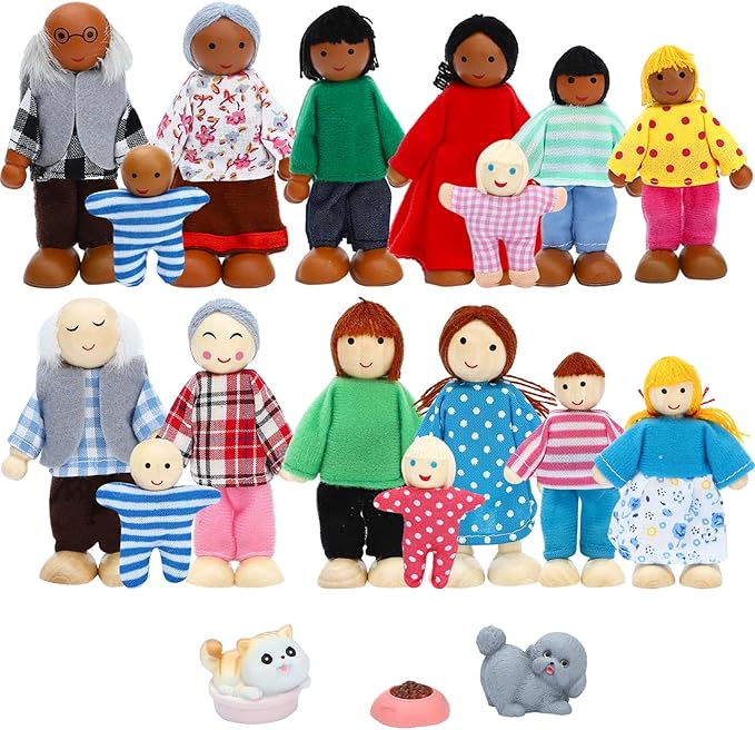 ONEST 19 Pieces Wooden Dollhouse Family Set Mini People Figures Sets Dollhouse Dolls Wooden Doll Family Pretend Play Figures Accessories for Pretend Dollhouse