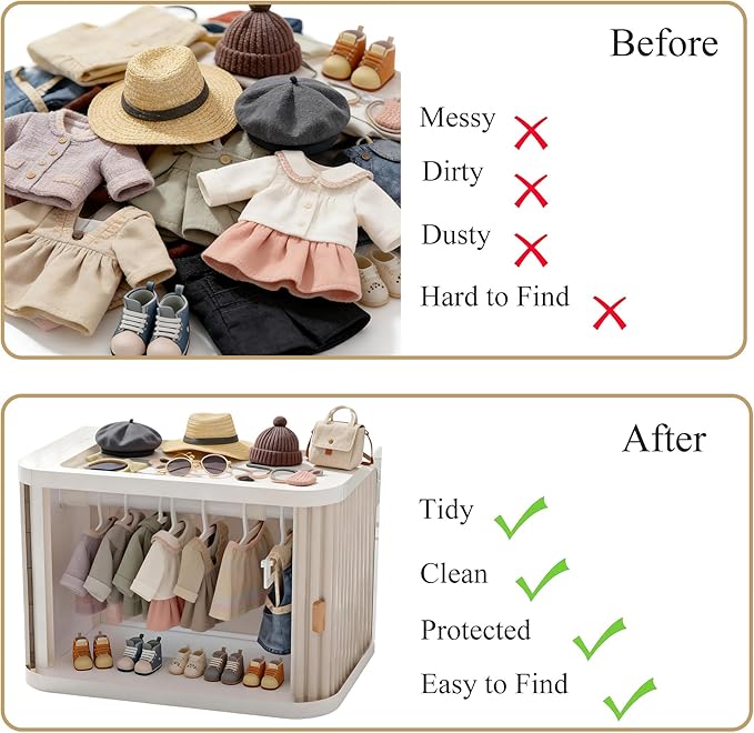 Foldable Wardrobe Closet, Doll Clothes Storage Box with 20 Hangers, Display Shelf & Dust Cover - Stackable Cabinet for 15/17cm Doll Clothes & Accessories