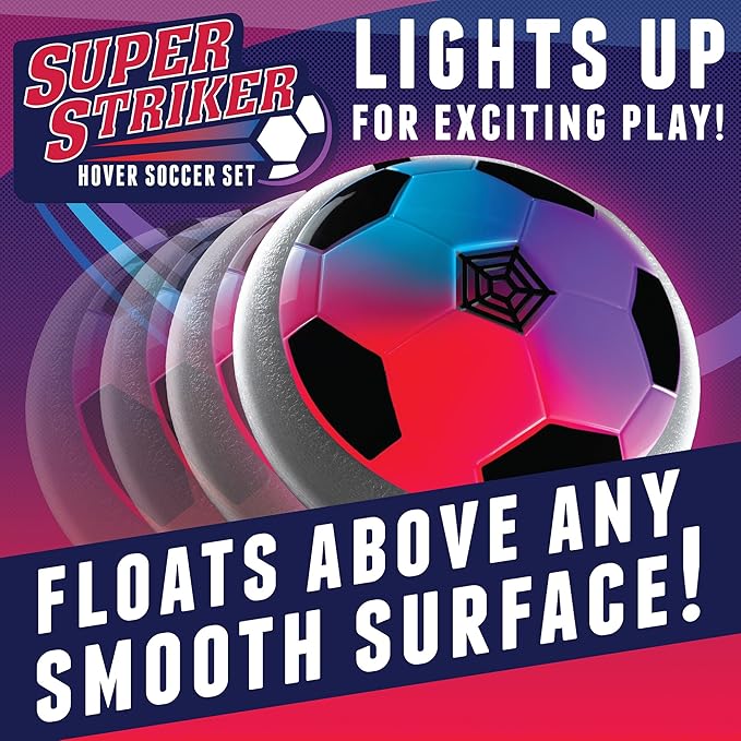 MindWare Super Striker Hover Soccer Ball Set - Indoor Soccer for Kids Ages 3 and Up - Flashing LED Lights - USB Charger - Includes 2 Sturdy Nets for 1 or 2-Player Indoor Games for Kids 8-12
