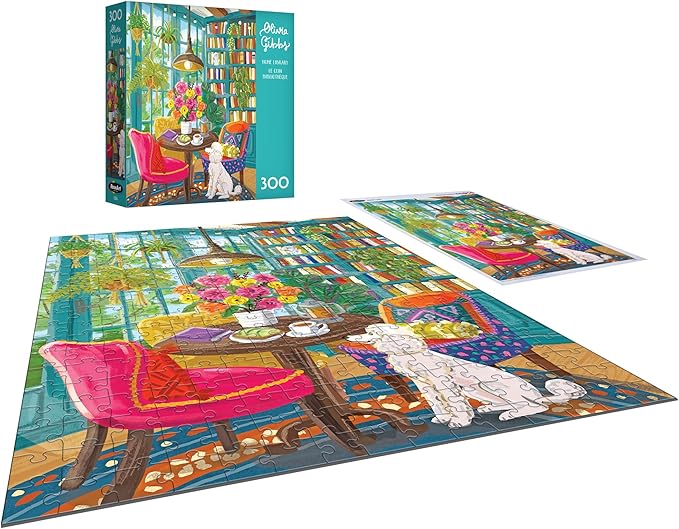 RoseArt - Olivia Gibbs - Home Library 300 Piece Jigsaw Puzzle - Cozy Books and Reading Nook Scene for Relaxing Fun – Adult Puzzle – Finished Size Approx. 18" x 24", Made in USA