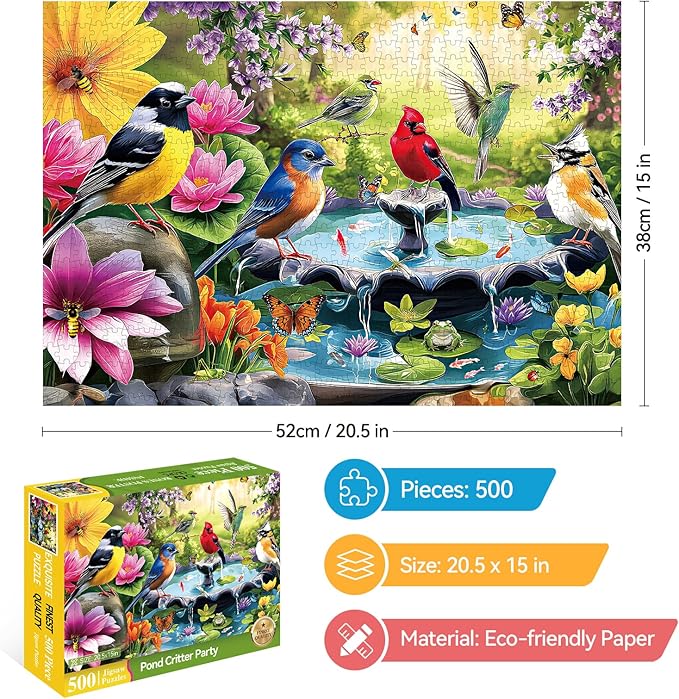 500 Pieces Puzzle for Adults, Puzzles for Adults 500 Pieces, Spring Birds Floral Pond Nature Jigsaw Puzzle, Challenging Puzzle Perfect for Game Nights, 20.5 X 15 in