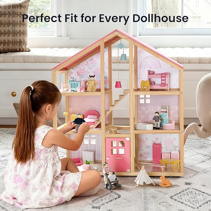 Tiny Land Wooden Dollhouse People Set, 5-Piece Poseable Wooden Doll Family with Dad, Mom, Brother, Sister, Baby and Stroller, Dollhouse Accessories Toy Pretend Play Gift for Kids Ages 3+