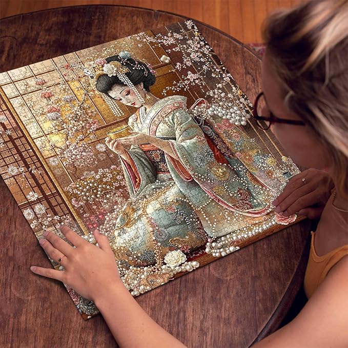 PICKFORU Elegant Geisha Puzzles for Adults 1000 Pieces, Retro Kimono Cherry Blossom Jigsaw Puzzles, Japanese Art Puzzle as Wall Art Decor