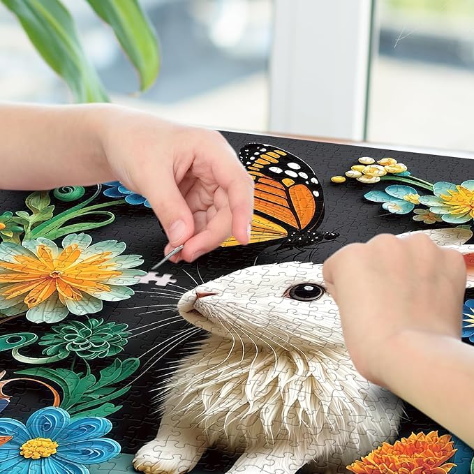 1000 Piece Flowers & Rabbit Jigsaw Puzzle, White Bunny with Monarch Butterfly & Colorful, 19.7x27.6 in for Adults & Teens 14+ (Flowers & Rabbit)