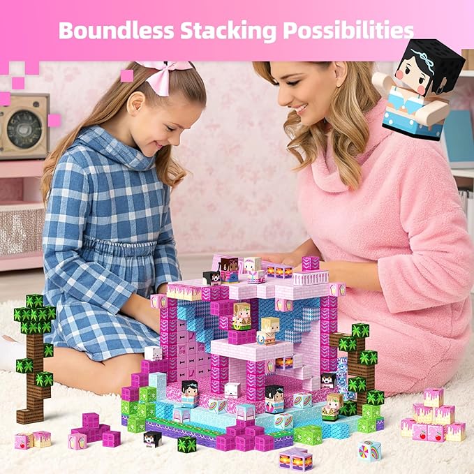 GobiDex 100PCS Magnetic Blocks Princess Building Toys for Girls 3+, Magnet Pink Castle STEM Sensory Playsets for Toddler Kids Birthday Gifts