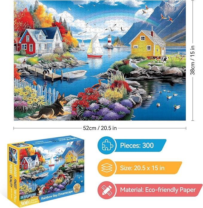 300 Piece Puzzles for Adults, 300 Piece Puzzles for Adults Large Piece, Village Lighthouse Dog Bird Rainbow Jigsaw Puzzle, Challenging Puzzle Perfect for Game Nights, 20.5 X 15 in