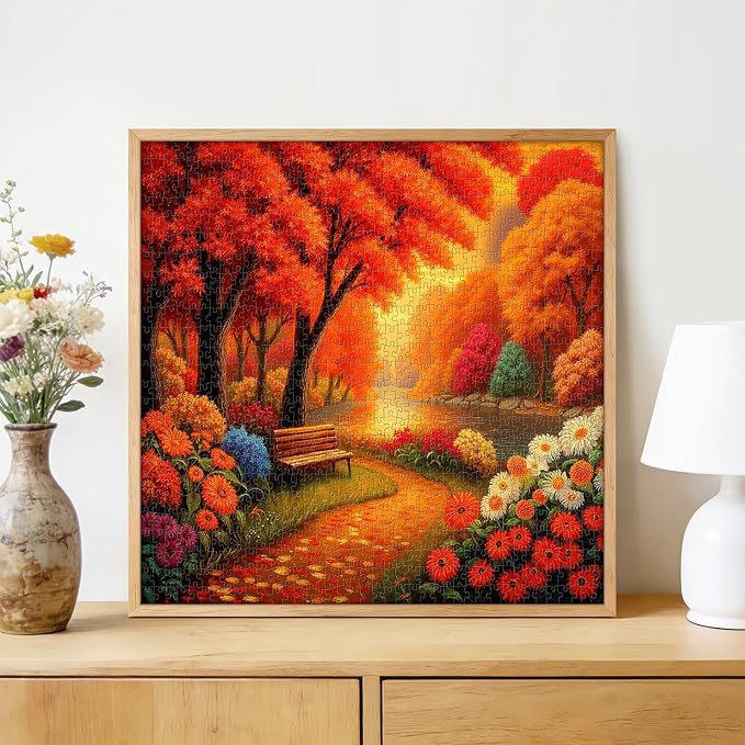 Autumn Park 1000 Piece Puzzle for Adults - Vibrant Fall Foliage, Riverside Bench Art, Poster & Lettered Back, 22.8" Square HD, Gift for Nature & Fall Lovers