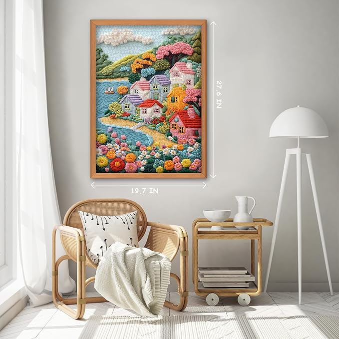 Embroidery Village Jigsaw Puzzle 1000 Pieces, Seaside House Scenery Puzzles for Adults, Beach Coastal Landscape Puzzles with Flower Tree Sailboat, Colorful Village Floral Wall Decor