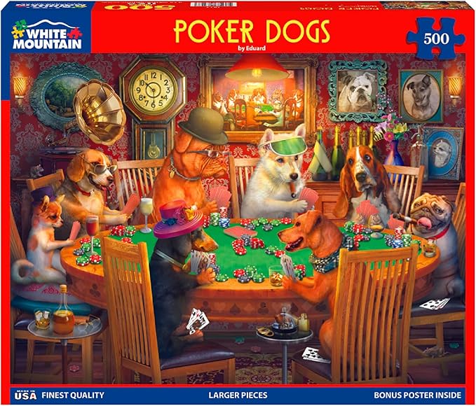 White Mountain 500 Piece Jigsaw Puzzle Funny Animal Puzzles with Large Pieces Gift for Adults and Family 18"x24" - Poker Dogs