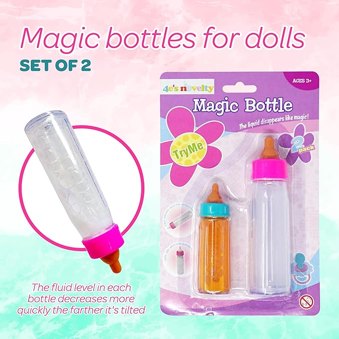 4E's Novelty 2 Pack Baby Doll Bottles Accessories, Magic Doll Disappearing Milk and Juice - Baby Doll Accessories Toys for Kids Toddlers, Stocking Stuffers for Little Girls Ages 3 4 5 6 7