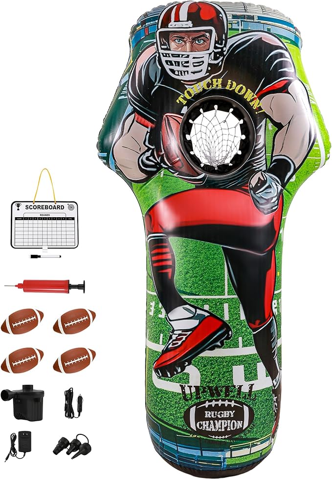 UPWELL Inflatable Football Target Set - 6ft Blow Up Toy for Fun Toss Games, Soft Footballs, Indoor/Outdoor Play, Perfect for Kids' Birthday Parties & Backyard Carnival Games