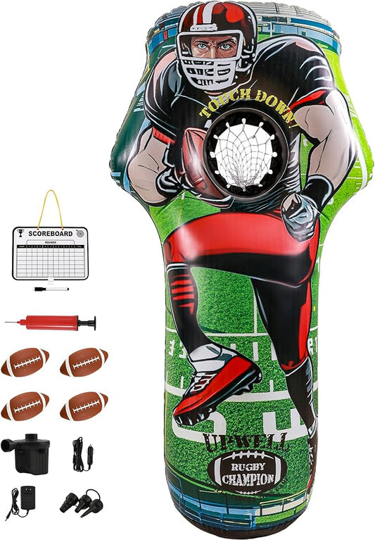 UPWELL Inflatable Football Target Set - 6ft Blow Up Toy for Fun Toss Games, Soft Footballs, Indoor/Outdoor Play, Perfect for Kids' Birthday Parties & Backyard Carnival Games