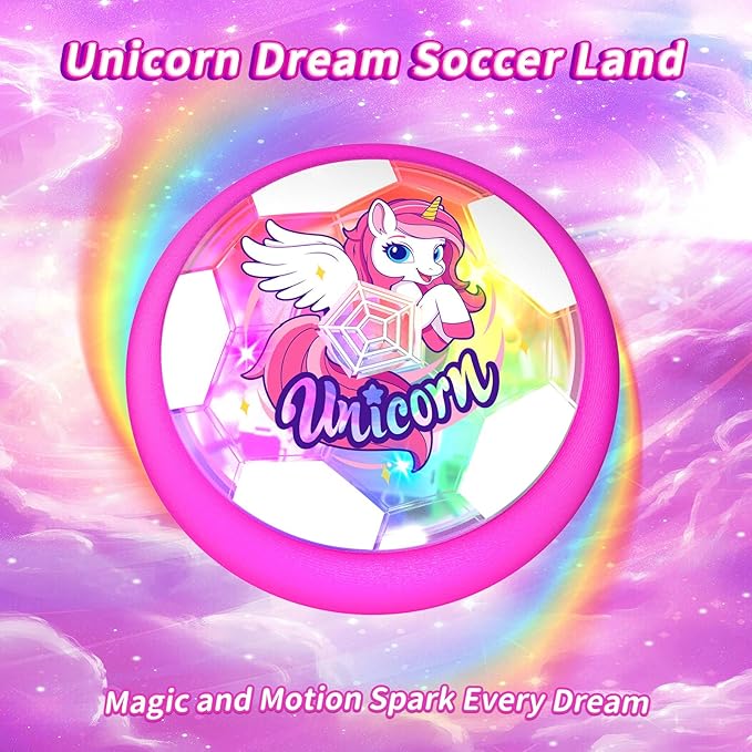 Unicorn Hover Soccer Ball for Girls, Light Up Air Floating Toys for Girls Age 3 4 5 6 7 8 9 10 11 12, Indoor Toy Birthday Gifts, Kids Games with LED Lights Foam Bumper, Kids Stocking Stuffers