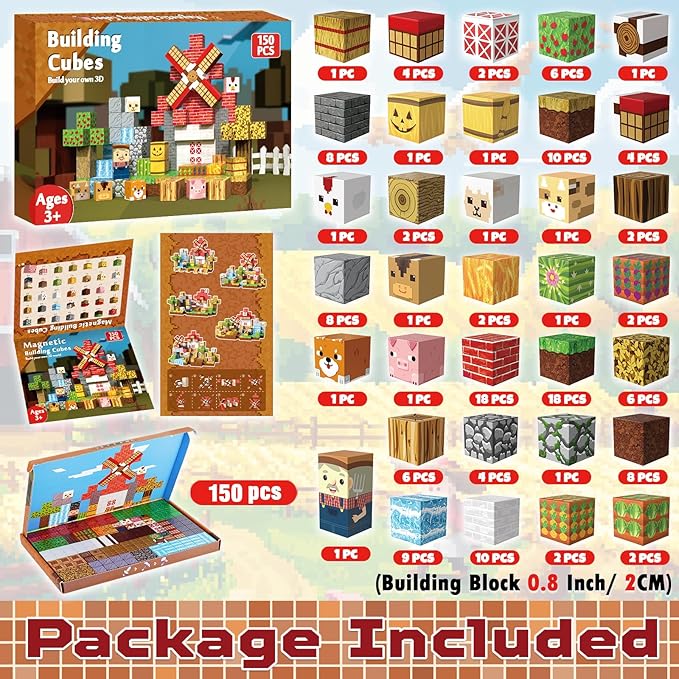 150 PCS Magnetic Blocks - Farm Animals Magnetic Building Blocks, Stacking Magnet Cubes for Kids, Magnetic Construction Toy for Boy Girl, STEM Montessori Sensory Toy for Ages 3-12 Easter Birthday Gift