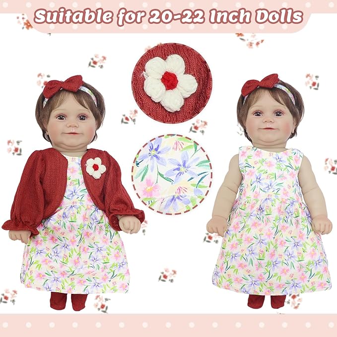 Ecore Fun 2 Set Baby Doll Clothes for 20- 22 Inch Dolls, 7 Pcs 20 Inch Dolls Clothes Accessories Dress Outfits Include Skirts, Socks, Headbands (No Doll)