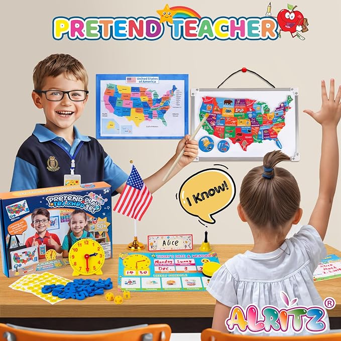 Alritz Pretend Teacher Playset, Role Pretend Play Kids School Toys Kit Include Map, Calendar, White Board Boys Girls Toys, Easter Birthday Gift for Ages 5 6 7 8 9 10 11 12 13+