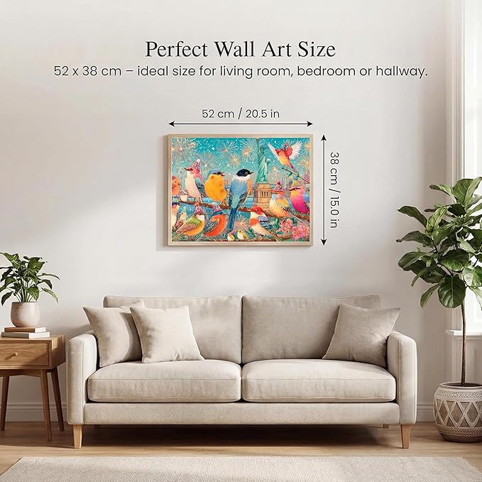 500 Piece Jigsaw Puzzle for Adults - Colorful Birds New York City Skyline Fireworks Night - Vibrant Songbird Art 20.5x15 in with Reference Poster - Unique Bird Lover Wall Art Gift