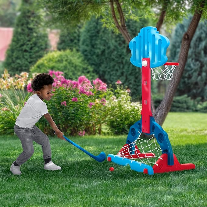 Delta Children PAW Patrol 4-in-1 Sports Center – Adjustable Easy Score Basketball Hoop, Soccer/Hockey Net and Golf Game, Blue