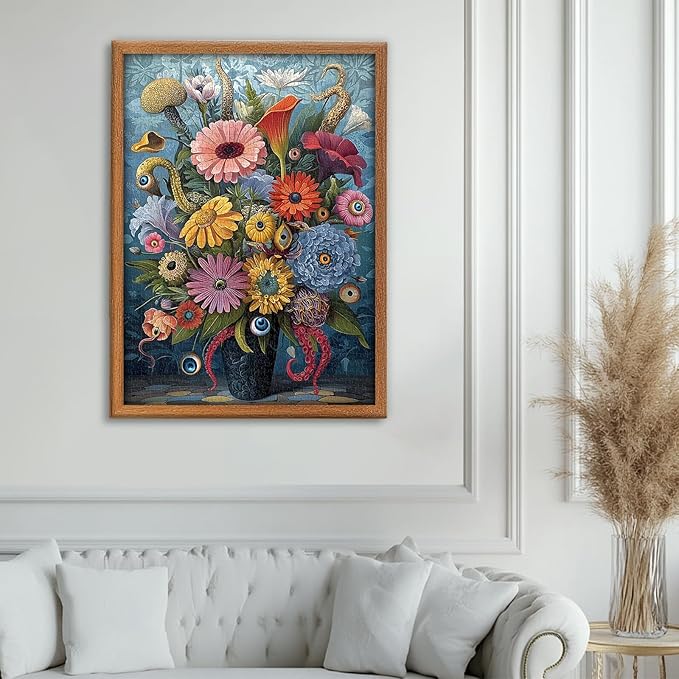 PICKFORU Horror Vase Jigsaw Puzzles 1000 Pieces, Scare Gothic Eyes Flower Puzzles for Adults, Vintage Difficult Unique Puzzle as Wall Decor