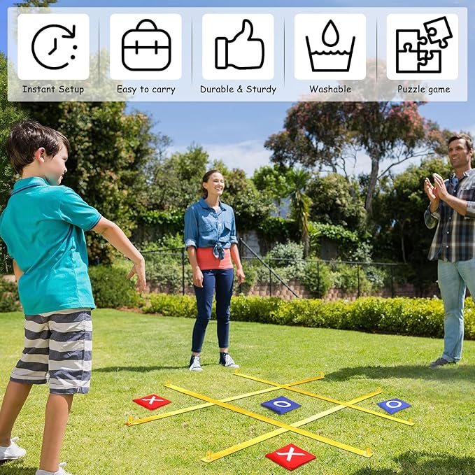 Jansun Giant Tic Tac Toe Outdoor Game, 4 Ft x 4 Ft Portable Tic Tac Toe Bean Bag Toss Game, Large Yard Toss Game Portable Toss Across Camping Games for Families Backyard Outdoor