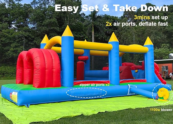 24FT Commercial Grade Inflatable Obstacle Course, (100% PVC) Bounce House for Big Kids 5-12 & Adult, with 2 Slides, (1100w Blower), Bouncy House for Backyard Outdoor Birthday Party Decor