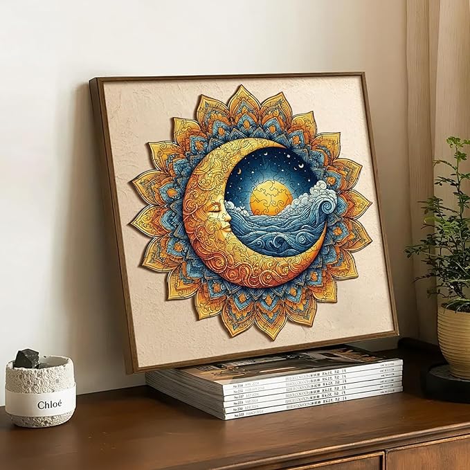 200 Pieces Sun and Moon Wooden Puzzles for Adults, Moon Unique Shaped Wooden Jigsaw Puzzles for Adults, Irregular Adult Wood Puzzle Creative Gift for Family Game 10x10 in