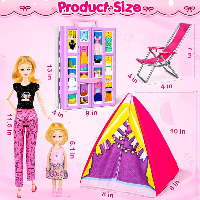 160+ Pcs Doll Closet with 11.5 Inch Doll Clothes and Accessories Set, Camping Set, Princess Dresses, Camping Tent, Beach Swim Accessories Set, Diving Suit, Dress Up Toys for Girls Gift