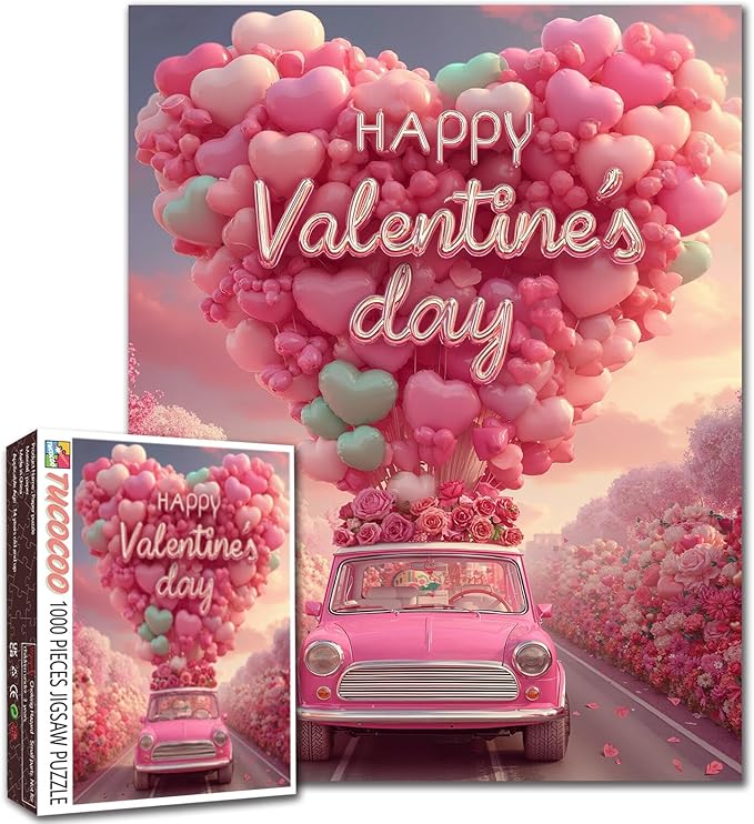 Valentines Puzzles 1000 Pieces Jigsaw Puzzle for Adults, Heart Balloons Decorate Car Puzzle Challenging with Poster - Fun Adult Puzzle Game for Game Night (27"x20")