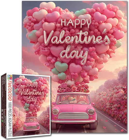 Valentines Puzzles 1000 Pieces Jigsaw Puzzle for Adults, Heart Balloons Decorate Car Puzzle Challenging with Poster - Fun Adult Puzzle Game for Game Night (27"x20")