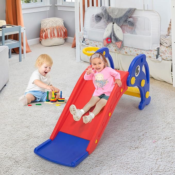 TOBBI Slide for Toddlers Ages 1-3 Indoor Outdoor w/Basketball Hoop & Ball, Baby Slide Playset for Backyard, Freestanding Slide Climber Toys for Kids, Red