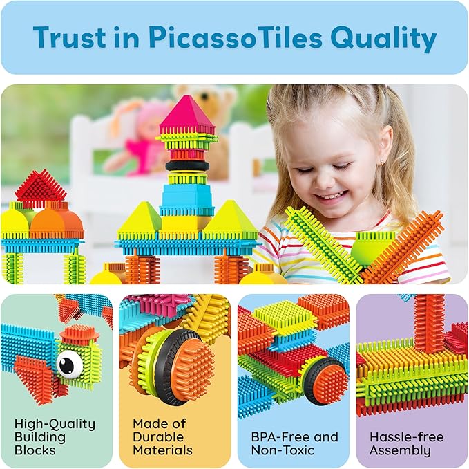 PicassoTiles 116pc Hedgehog Building Blocks Construction Toy Set with Interlocking Tiles Idea Book 4 Action Figure Characters and Decorative Eyes STEM Educational Playset for Kids Ages 3 Plus PTB116