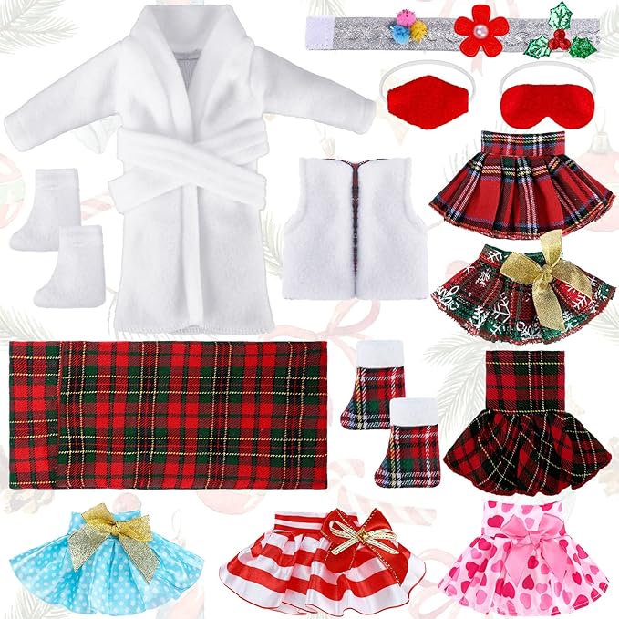 Sumind 14 Pieces Christmas Doll on Clothes Accessories Outfits Set Including Skirts, Bathrobe, Sleeping Bag, Fluffy Vest, Shirt, Scarf, Eye Cover and Boots for Xmas Doll Decor(Cute Style)