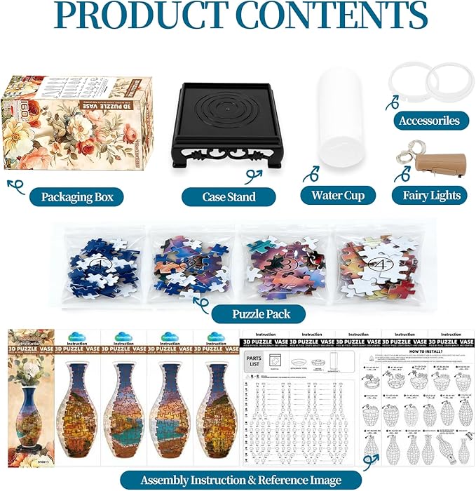 3D Puzzles Vase for Adults, Crafts for Adults, 160 Pieces Plastic DIY Unique Flower Vase with LED Light House Warming Gift Birthday Gifts for Flower Arrangements and Home Decor (Sea and House)